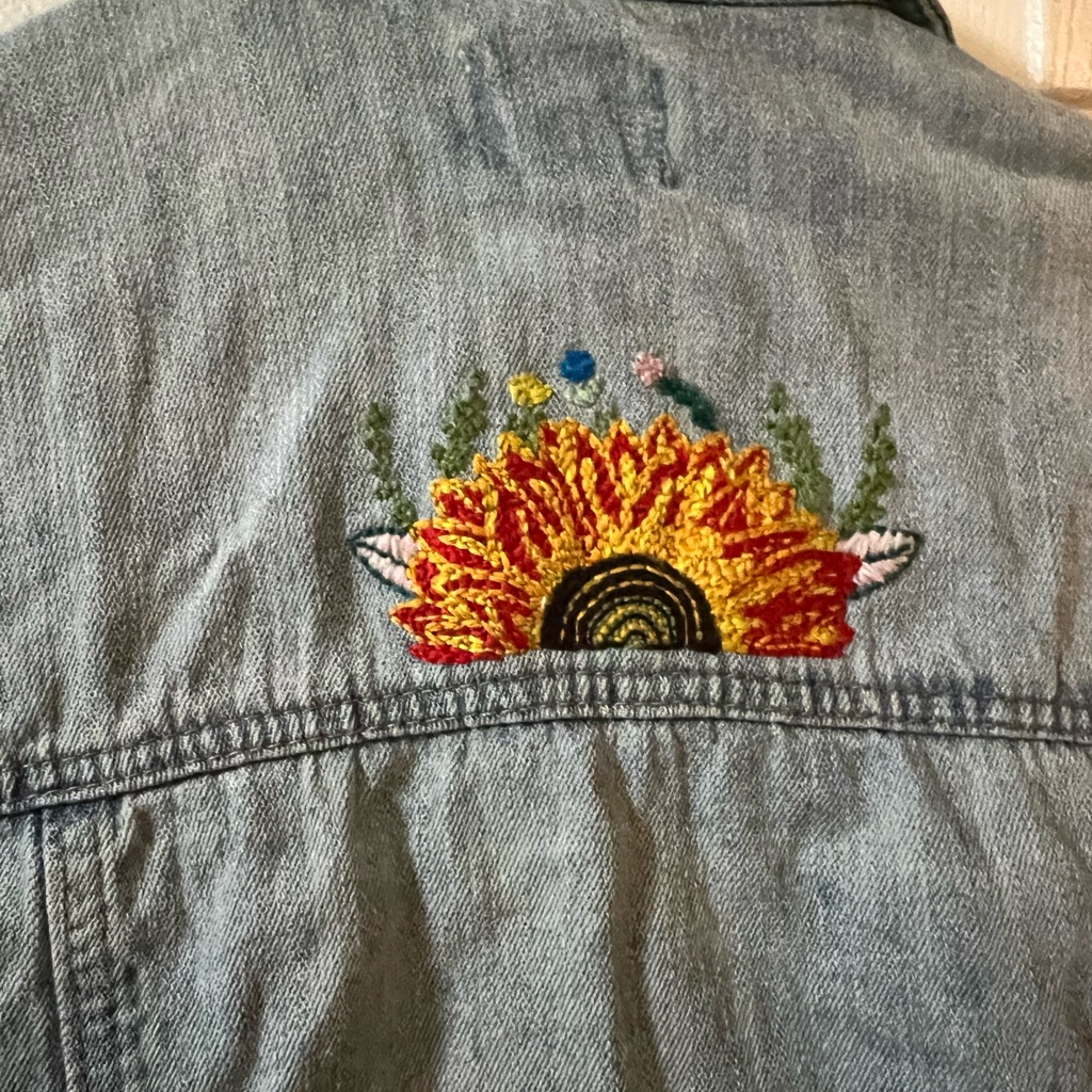 Forever 21 Blue Denim Jacket With Hand Stitched Floral Details Forever 21 Blue Denim Jacket With Hand Stitched Floral Details